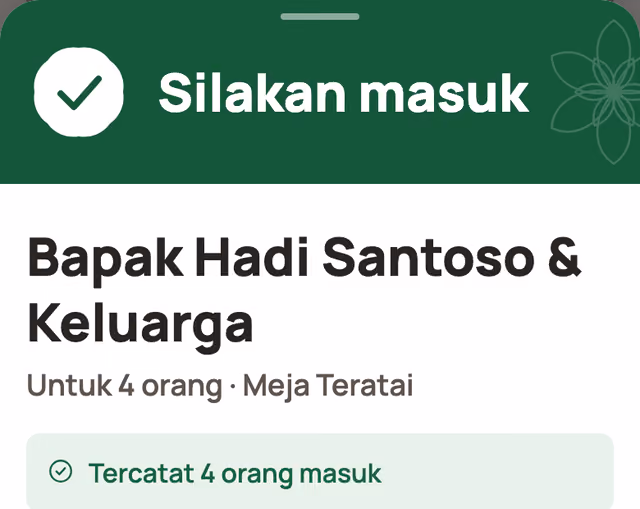 Layar Pintu di ponsel penerima tamu: Silakan masuk, Bapak Hadi Santoso & Keluarga, untuk 4 orang di Meja Teratai.