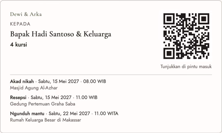 Kartu QR tamu untuk Bapak Hadi Santoso & Keluarga, 4 kursi, dengan jadwal tiap acara.