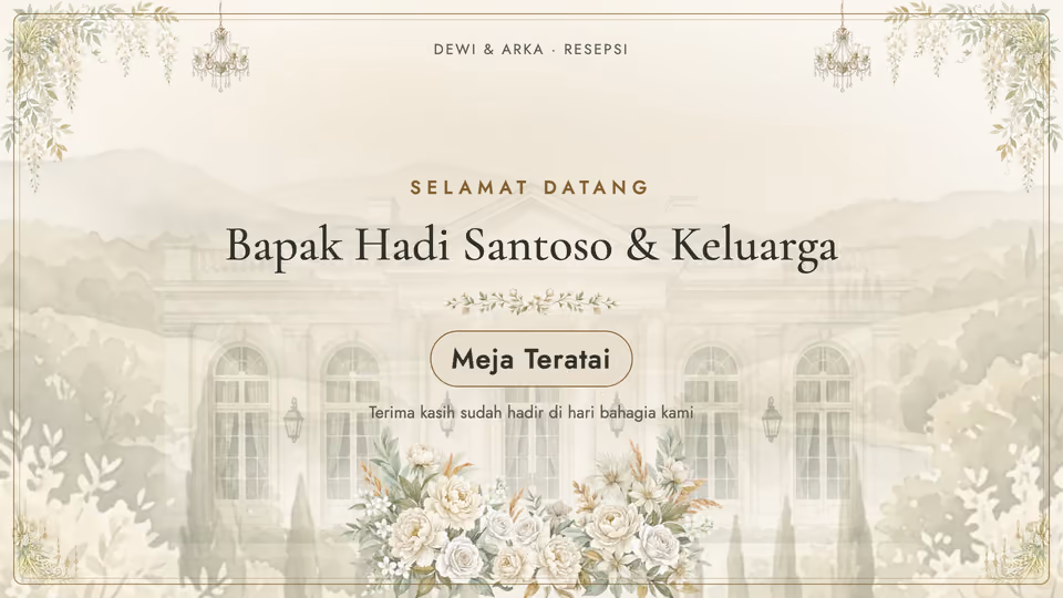 Layar sapa: Selamat datang, Bapak Hadi Santoso & Keluarga, Meja Teratai.